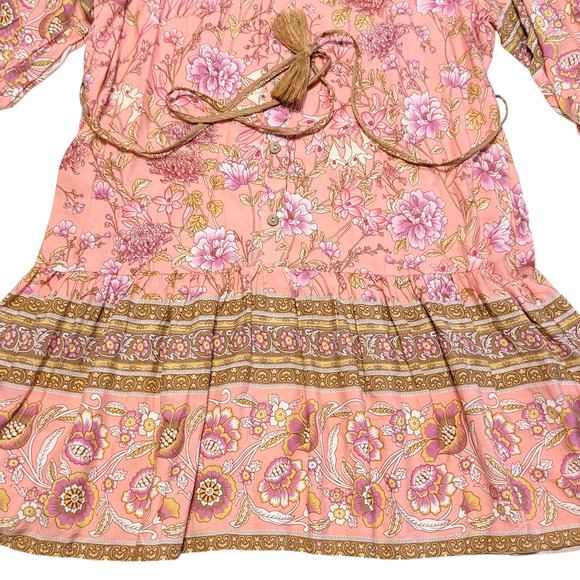 UMGEE Floral Short Dress Rose Gold Tassel Belt 3/4 Puff Sleeve Boho Flowy Large - Picture 9 of 11